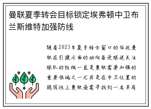 曼联夏季转会目标锁定埃弗顿中卫布兰斯维特加强防线