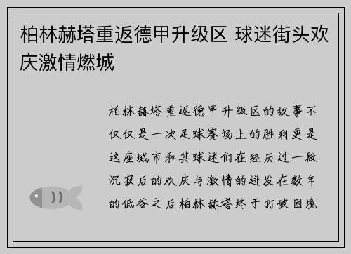 柏林赫塔重返德甲升级区 球迷街头欢庆激情燃城 柏林赫塔重返德甲升级区 球迷街头欢庆激情燃城